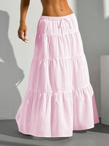 Image of Verdusa Women's Long Maxi Skirt Boho Flowy Flared Ruffle Skirts 2026 Beach Vacation Summer Going Out Outfits