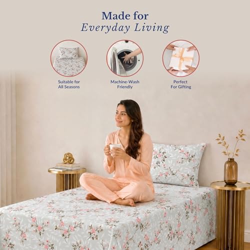 Image of Jaipur Weaves Single Bed Cotton Bedsheet with 1 Pillow Cover, 100% Pure Cotton Single Bedsheet 60x90 Inches, 240 TC Soft Breathable Bed Sheet - (Spring Tulips Grey)