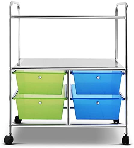 TANGZON 4 Drawers Storage Trolley, 3-Tier Slide Out Rolling Cart with Lockable Wheels, Mobile Shelving Unit Organiser for Home Office and Kitchen (Blue + Green)