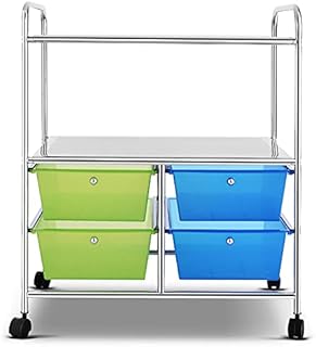 TANGZON 4 Drawers Storage Trolley, 3-Tier Slide Out Rolling Cart with Lockable Wheels, Mobile Shelving Unit Organiser for Home Office and Kitchen (Blue + Green)