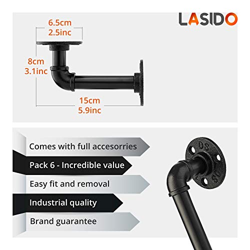 Pipe Bracket (6 Packs Black) For 6 8 10 12 14 Inches Board - Industrial Diy Pipe Shelf Bracket For Wood Floating Shelf Vintage Look - Rustic Pipe Decor Wall Mount With All Accessories Needed #TOP1