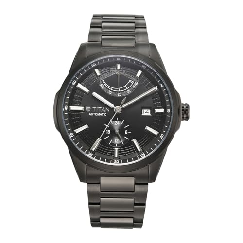 Image of Titan Aion Concealed Automatic Analog with Power Reserve Indicator and Black Dial Black Stainless Steel Strap Watch for Men - 90224QM01