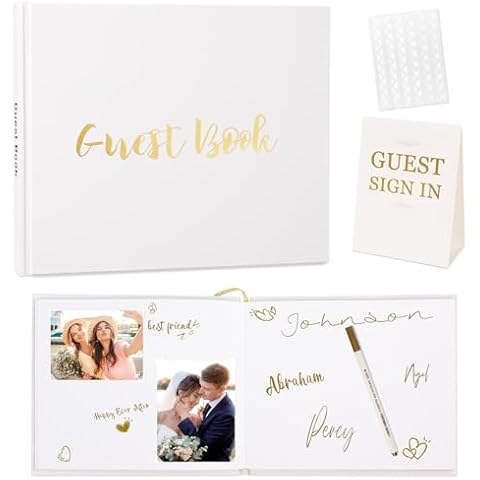 Smallbudi Wedding Guest Book for Wedding Reception, Baby Shower, Birthday and Special Events - Elegant Polaroid Guest Book with Photo Corner Sticker, Gold Pen, 60 Blank Pages, White Hard Cover Cover