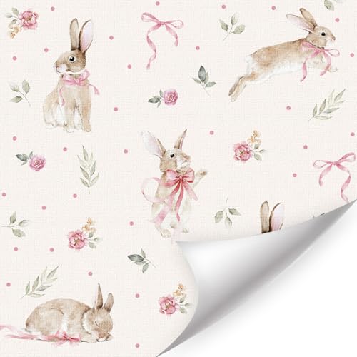 LHIUEM Boho Bunny Peel and Stick Wallpaper 17”x118”Pink Ribbons Rabbit Floral Self Adhesive Contact Paper Easter Botanical Wallpaper Flowers and Leaf Art Paper Woodland Nursery Wall Mural for Bedroom