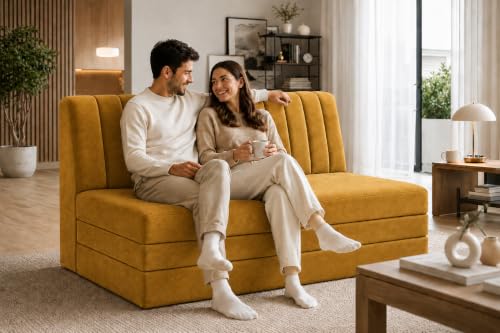 Image of Three Seater Sofa Bed, Velvet Fabric Foldable Sofa Cum Bed with Soft Foam Cushioning, Convertible Floor Couch for Living Room, Guest Room & Home Use (Golden, Pre-Assembled)