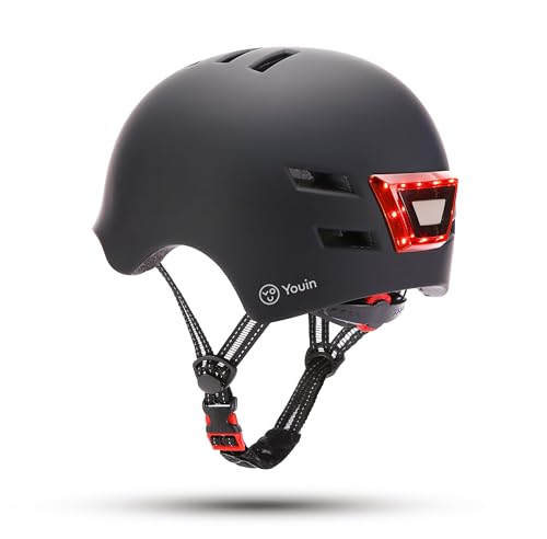 Youin Casco Homologado con LED Frontal y Trasera - Color Negro - Talla M (52-58cm) - Protección y Visibilidad para Patinetes y Bicicletas - Diseño Ligero y Ergonómico