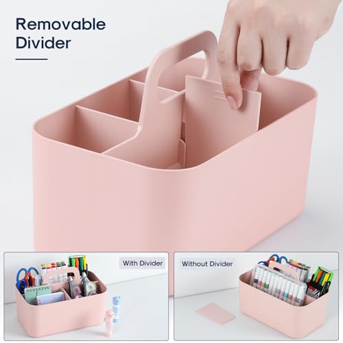 Multiuse Caddy Organizer with Handle - Stackable Plastic Tote Bin - Art Craft Supplies, Office, Desk, Stationery Pen Holder, Kitchen, Utensil, Makeup, Bathroom, Shower, Cleaning, Dorm Organizer - Pink