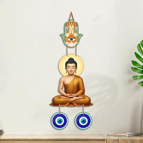 Image of Artvibes Meditating Buddha Wall Hanging with Hamsa Hand and Evil Eye Protection Charm | Spiritual Home Decor for Meditation and Mindfulness | Decorative Hanging for Living Room | Yoga Space (WH 8599N)