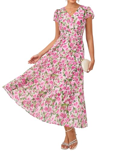 GRACE KARIN Women Summer Dress,Maxi Floral Dresses,V Neck Wedding Guest Flowy Dress 2026 Rose Pink Gradient Flowers M