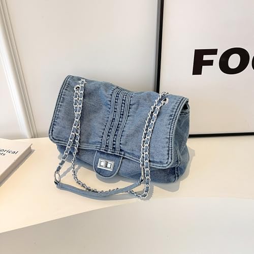 Image of Large Denim Purses for Women Denim Tote Bag Casual Retro Crossbody Lightweight Shoulder Bag Canvas Handbags
