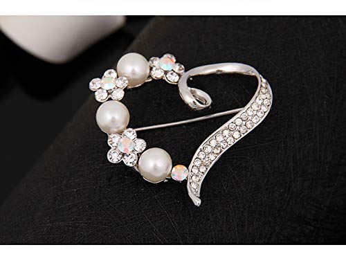 Sweet Peach Heart Pearl Brooch White Crystal Brooch Pins Jewelry For Scarves Clips Women Wedding (Silver) #TOP5