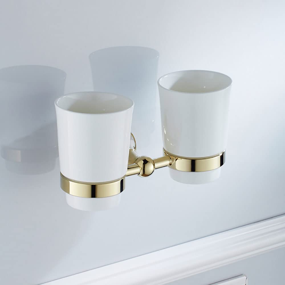 Soporte Doble Dorado for Cepillo de Dientes for baño, Soporte for Vaso de cerámica montado en la Pared de latón Simple con Taza de cerámica esmerilada, Organizador de Pasta de Dientes y maquinilla de