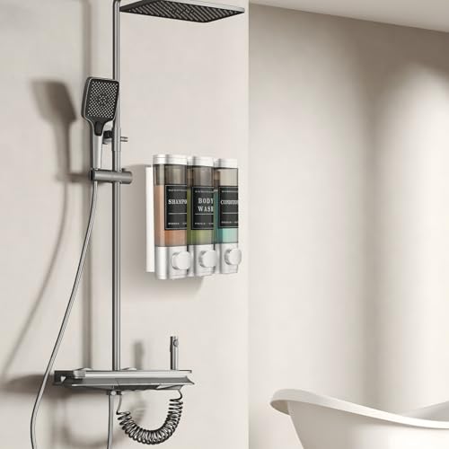 Image of Shower Soap Dispenser Wall Mounted No Drill Shampoo Dispenser for Shower Wall Shampoo and Conditioner Dispenser Bathroom Hotel 3 * 300ml with Waterproof Labels Sliver