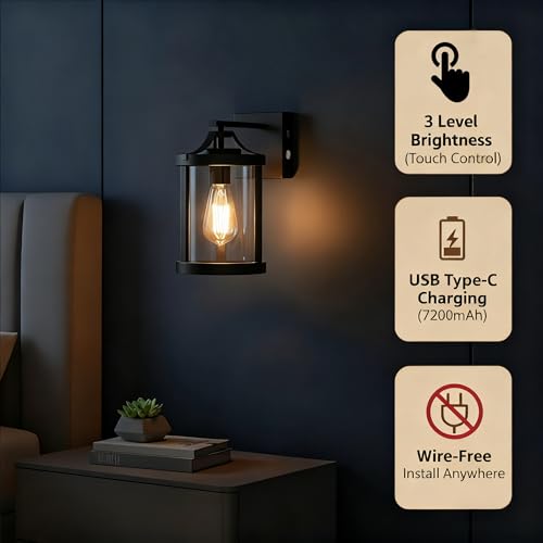 Image of Battery Operated Wall Sconces for Bathroom Modern Vanity Light Fixtures Rechargeable Wall Lights with Glass Shade for Mirror Bedroom Living Room Hallway