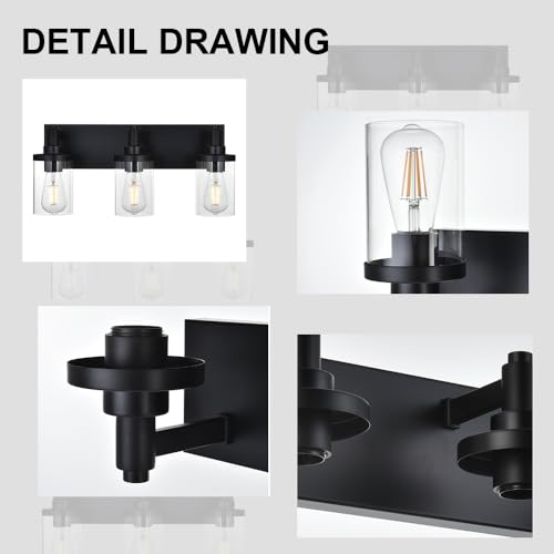 Image of Modern Vanity Lighting,3 Light Matte Black Bathroom Light, Vintage Wall Sconces Lighting with Clear Class Shade Industrial Bath Wall Mounted Lights for Mirror, Living Room, Bedroom Hallway