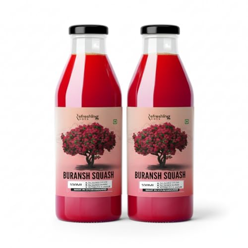 Image of REFRESHING ROOTS Uttarakhand Premium Buransh (Rhododendron) Squash, 1000 ML Glass Bottle | Cold Pressed | Natural Health Drink | Added Honey | No Artificial Flavors | Rich in Antioxidants | Glass Bottle (500 ML * 2)