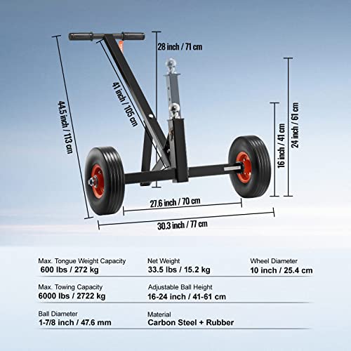 Vevor Adjustable Trailer Dolly, 600Lbs Tongue Weight Capacity, Carbon Steel Trailer Mover With 16''-24'' Adjustable Height, 1-7/8'' Hitch Ball & 10'' Solid Tires, Ideal For Moving Car Rv Boat Trailer #TOP6