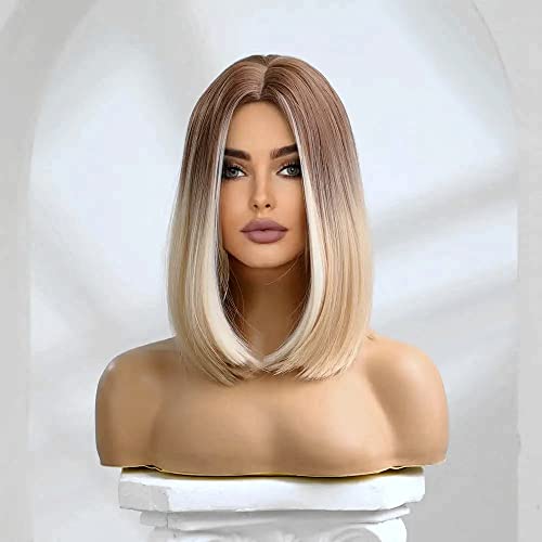 Ishine Medium Length Honey Blonde Bob Wigs, Omber Platinum Blonde Wigs For Women, Natural Looking Middle Part Synthetic Wig, Hair Replacement Highlight Wigs For Daily Cosplay Party Halloween Costume 14 Inch #TOP1