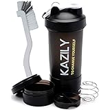 KAZILY(カズリー) プロテインシェイカー 600ml シェーカーボトル シェイカーボール付き サプリメントトレー（×2）付き 大容量 (ブラシあり)