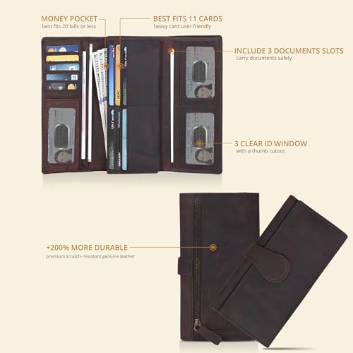 Image of Real Leather Women Wallet Leather with RFID Blocking -Trifold Card Holder Designer Ladies Clutch with ID Window Wallets (Dark Brown)