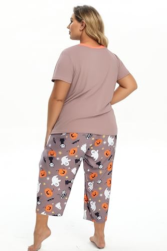 Image of Vozanet Women's Pajamas Set Soft V Neck Sleepwear Top and Capri Pj Lounge Sets Cartoon Heart Shape Cat Nighty Plus Size