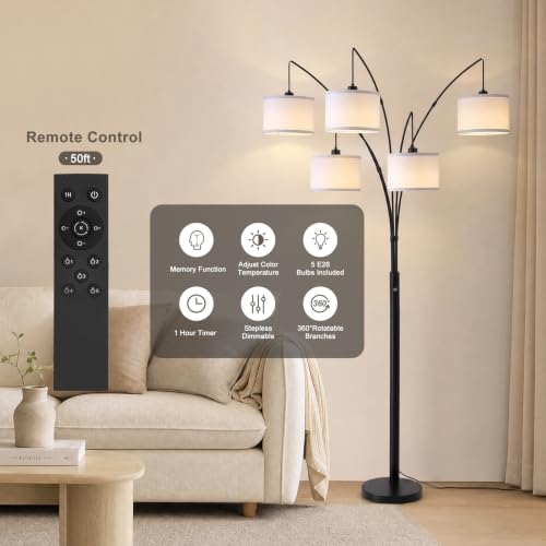 Image of Floor Lamps for Living Room, 4000LM Super Bright Arc Floor Lamp with Remote Control, 5 Light Tall Floor Lamps with Stepless Dimmable, 83 inch Mid Century Tree Floor Lamp for Bedroom, Office