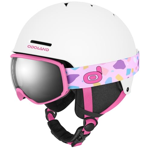 Odoland Ski Helmet for Kids, Snow Helmet with Ski Goggles, Shockproof, Windproof, Safety Snow Sports Helmet and Protective Goggles for Kids and Youth White and Pink XS(49-53cm/19.3-20.9")