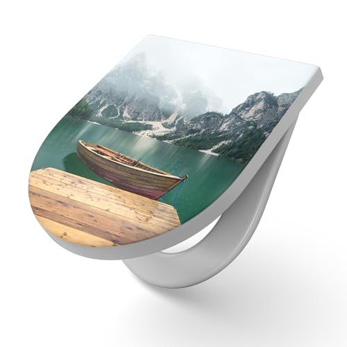 DEQORI Toilettensitz mit Motiv Bergsee und Bootsteg | WC Sitz in Weiß aus Duroplast | Format 36,4x45,4 cm – antibakterielle Klobrille für D-Form WC mit Deckel – pflegeleicht & dekorativ