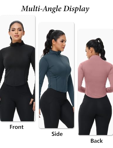 Image of Dalavch 3 Pack Womens Cropped Full Zip up Workout Jacket with Thumb Holes