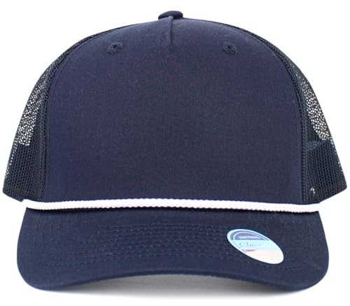 Image of KBE-5-ROPE NAV-WHT Classic 5 Panel Cotton Twill Mesh Trucker Cap Hat Adjustable Snapback Hat