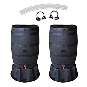 100% Recycled Polyethylene 50 Gallon Flat Back Rain Barrel and Stand with Link Kit, Black (2 Pack)