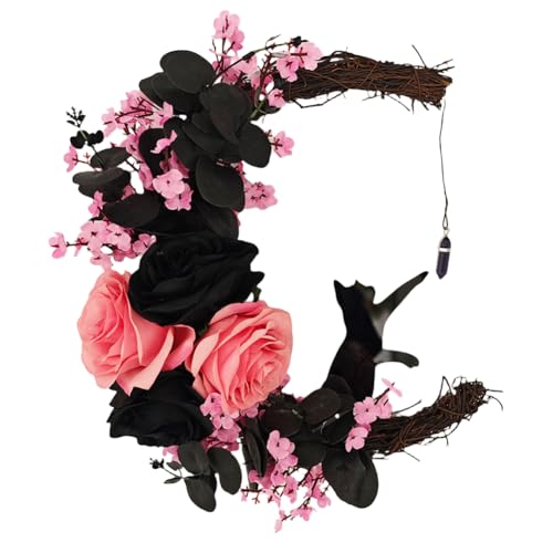 Halloween Wreaths for Front Door Halloween Moon Wreath with Black Cat and Rose Grapevine Garland Halloween Cat Door Wreath Gothic Decorations for Home Party Window Wall Indoor Outdoor (pink)