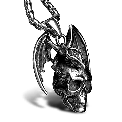 Collier dragon et tête de mort pour homme bahamut en argent, l'accessoire gothique avec chaîne