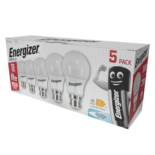 Energizer Bayonet Light Bulb 60w, B22 LED Bulbs - Daylight White 6500k, 806 Lumen, Non-Dimmable, Pack of 5