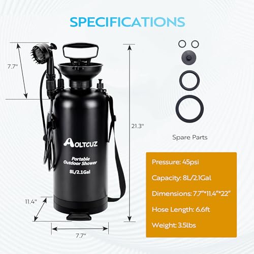 Ducha portátil 8L, 45 PSI, con cepillo para mascotas y cabezal de spray encendido/apagado miniatura 7