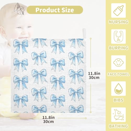 Image of vvfelixl Light Blue Silk Bow Baby Burp Cloths Baby Muslin Washcloths for Boys Girls Cotton Babys Face Towel for Newborn Infants Soft and Absorbent 11.8 X 11.8 in, 5 Pack