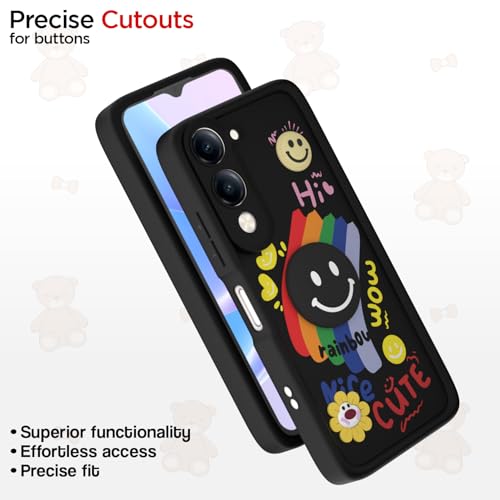 Image of Pikkme Back Cover for Vivo Y400 Pro 5G | Soft Silicone| Cute Rainbow Smile & 3D Cartoon Flower Design | Shockproof Raised Camera Protection Bumper Case (Black)