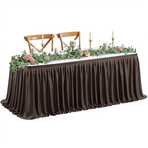 Wish Care 14ft Long Brown Table Skirt for Rectangle Tables - Wrinkle Resistant Polyester Pleated Table Skirting for Parties Weddings Office