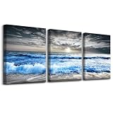 MHARTK66 3 Piece Canvas Wall Art - Blue Ocean Wave Seascape Pictures - Bedroom, Living Room, Office Wall Decor - Modern Home Decor