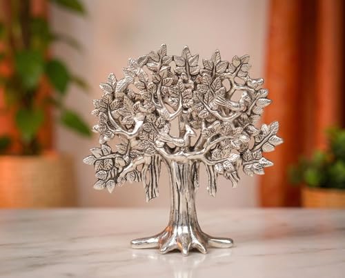 Image of Metal Kalpavriksha Tree for Home Decor - Golden Wish Fulfilling Tree Metal Showpiece for Temple, Vastu, Office Table & Gifting Banyan (No 2 Silver)