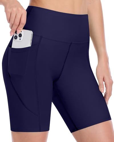 Runhit Women's Swim Board Shorts Swimsuit Bathing Suit Bottom UPF50+ High Waisted Tummy Control Quick Dry Pockets Liner 7" M Deep Sea Blue