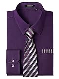HISDERN Mens Dress Shirt Purple Shirt for Men and Tie Handkerchief Set Plum Classic Long Sleeve Shirts Matching Striped Ties Formal Button Up Shirts