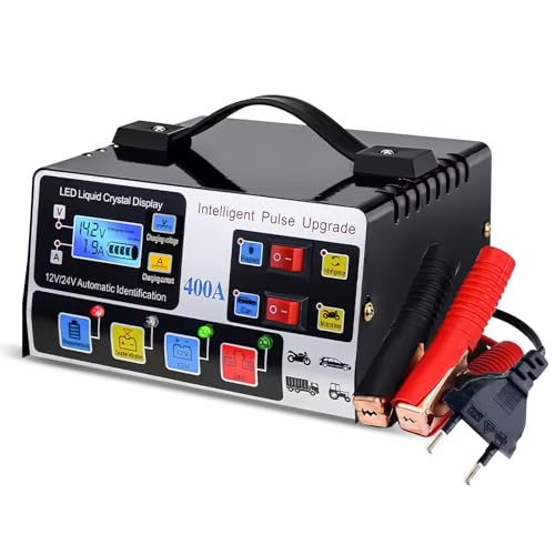 Cargador de batería de coche, 12 V/24 V, cargador de batería inteligente, cargador de coche 12 A/9 A con 9 niveles de carga y pantalla LCD para coche, moto, cortacésped, barco, baterías marinas