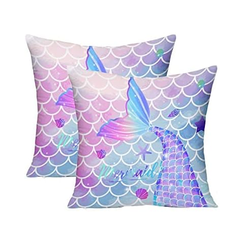MUSOLEI Mermaid Pillow Cover,18x18 Pack of 2 Square Soft Mermaid Tail Blue Pillow Cases with Zipper Mermaid Nursery Decor Girl Bedroom Decor Little Mermaid Room Decor for Girls Couch Sofa Living Room Cover
