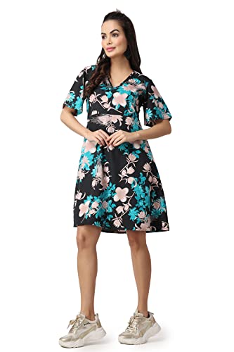 Image of POPWINGS Casual Printed V-Neck Short Sleeves Knee-Length Fit and Flare Dress for Women || Frokc-Style Summer Wear Dresses for Women || Loose-Fit Comfortable Women Dress for Regular Wear