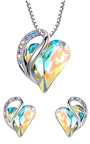 Leafael Infinity Love Crystal Heart Bundle Jewelry Set Opal White April Birthstone Gifts for Women Necklace Earrings, Silver-tone