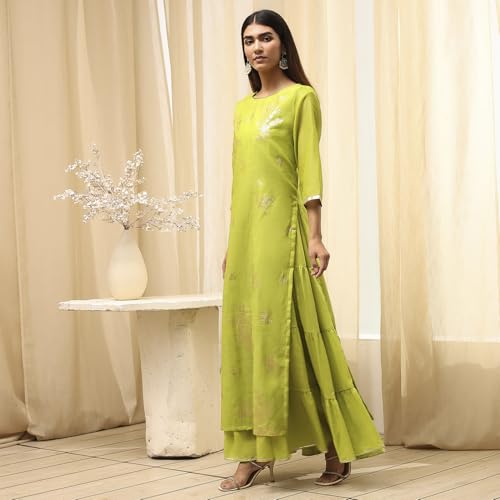 Image of Biba Women's Poly Chanderi 3 /4 Sleeves Calf Length Round Neck A-Line Casual Dress