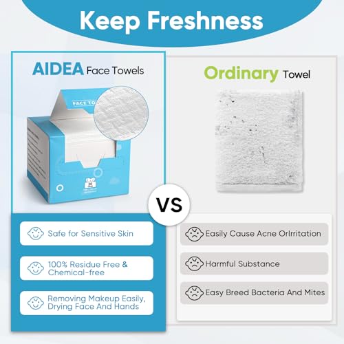 Image of AIDEA Face Towels Disposable-100Ct (2 Box), Face Cloths for Sensitive Skin | Clean Facial Towelettes, Facial Cleansing Wipes for Makeup Removing, Nursing, Travel, Dry Wipes