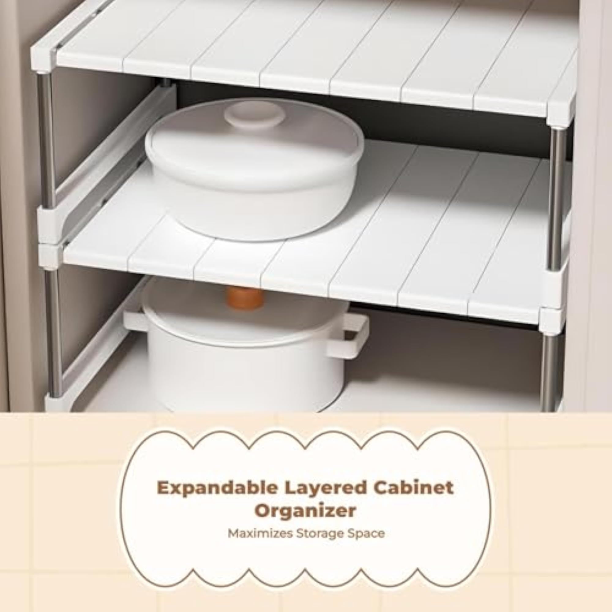 Expandable Cabinet Shelf Organizer, Stackable Under Sink Rack, Adjustable Kitchen Storage W32 L52-60 H23Cm