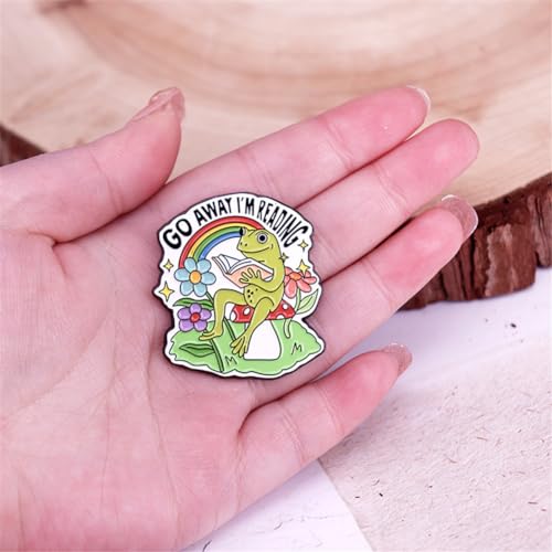 Cartoon Frog Reading Enamel Pin Cute Animal Brooch GO AWAY I'M READING Lapel Pin DIY Craft Badges Pins for Backpack Hats Coat Accessories Boys Girls Jewelry Gifts, Green2